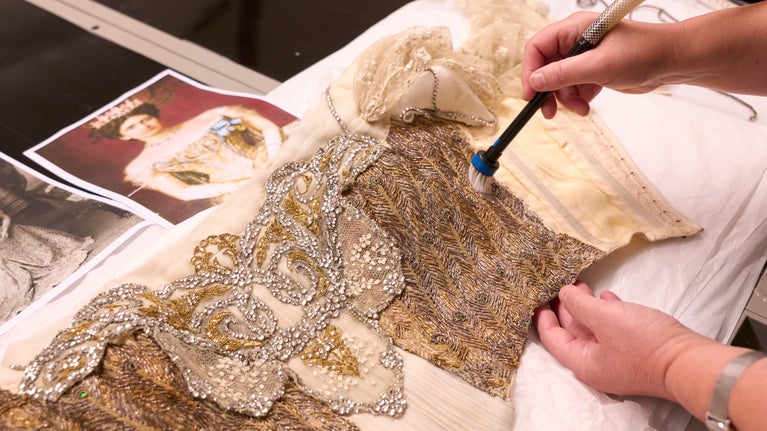 Close up of the bodice of the peacock dress